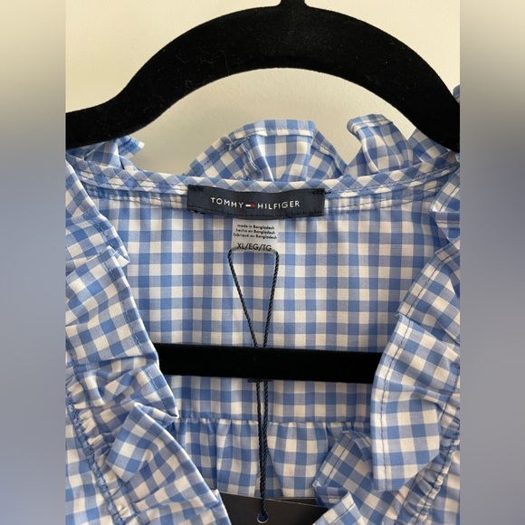 Tommy Hilfiger Women's Gingham Light Blue and White with Ruffles Blouse Size XL - Picture 2 of 9